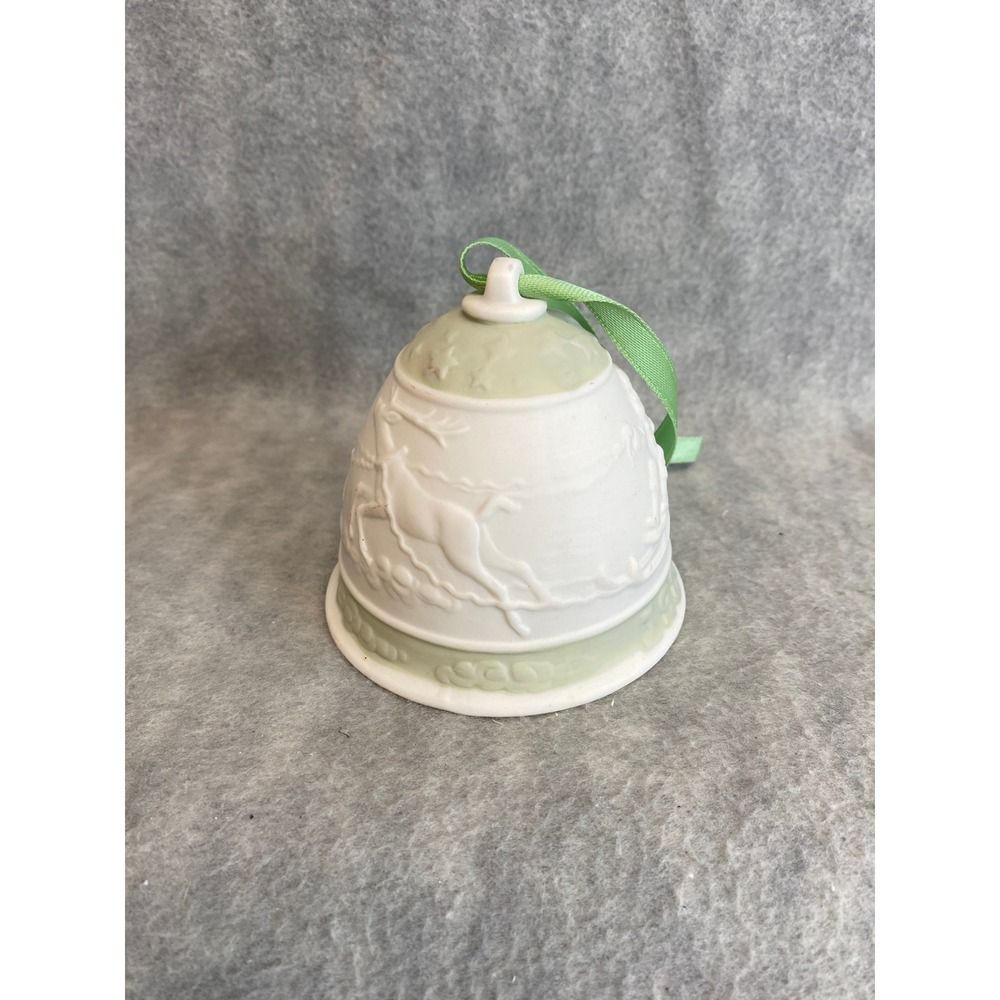 1988 Lladro Christmas Bell Ornament White Porcelain Green Ribbon Reindeer Sleigh